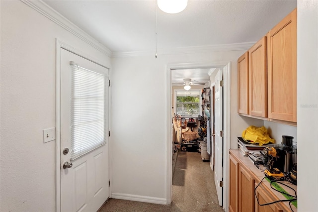 doorway with light carpet and ornamental molding