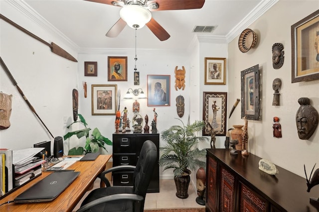 tiled office space featuring crown molding and ceiling fan