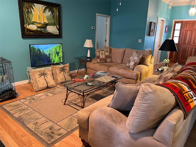 living room featuring ornamental molding and hardwood / wood-style floors