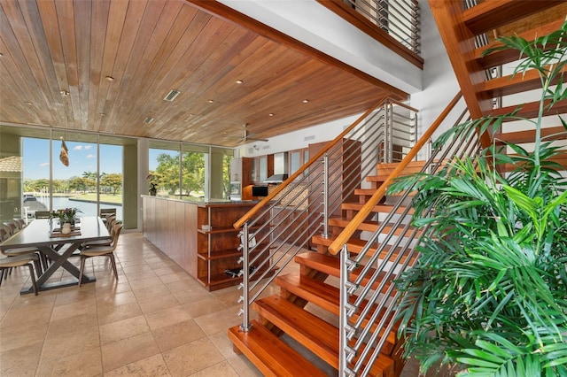 stairway featuring wood ceiling and a water view