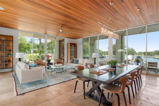 sunroom / solarium with a water view, a healthy amount of sunlight, and wooden ceiling