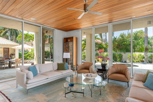 sunroom / solarium with ceiling fan and wood ceiling