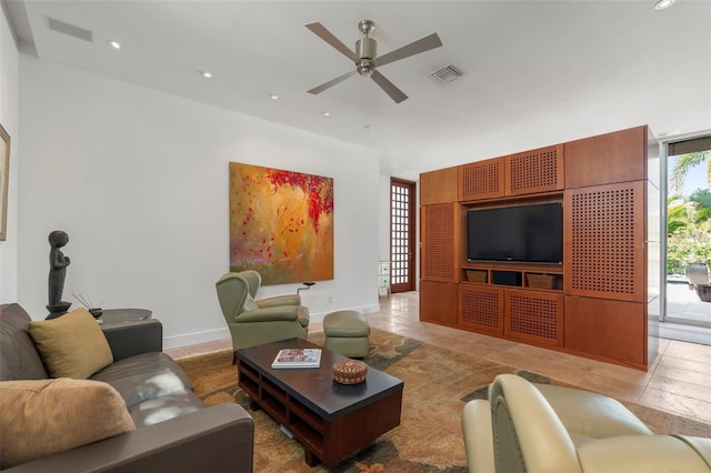 living room featuring ceiling fan