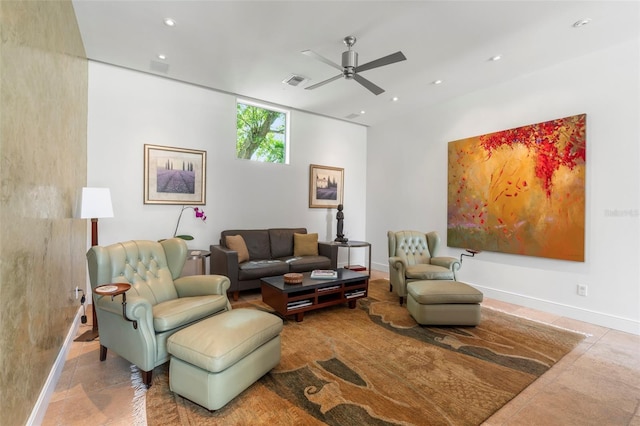 living room with ceiling fan