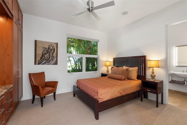 carpeted bedroom with ceiling fan