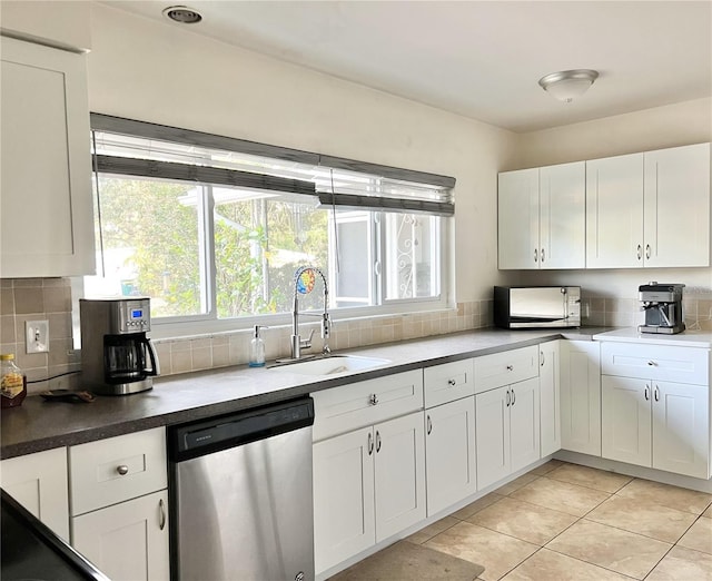 kitchen featuring white cabinetry, sink, backsplash, and stainless steel dishwasher