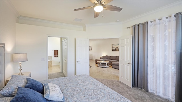 carpeted bedroom featuring connected bathroom, ornamental molding, and ceiling fan