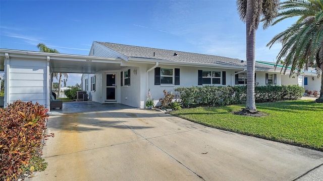 ranch-style house featuring a carport and a front lawn