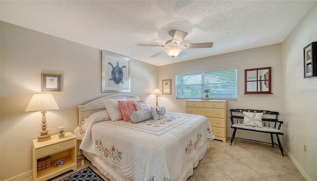 bedroom with ceiling fan and a textured ceiling