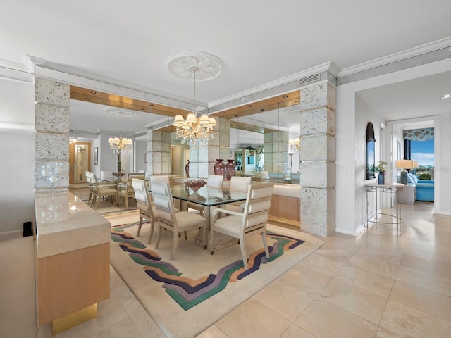 dining room featuring a notable chandelier, crown molding, and light tile patterned floors