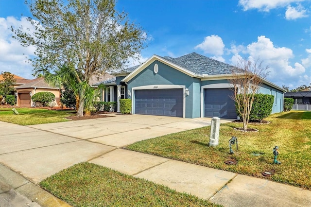 single story home with a garage and a front yard