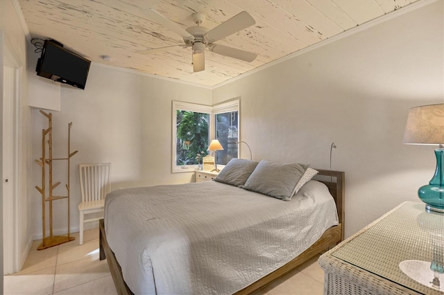 bedroom featuring ornamental molding, light tile patterned flooring, wooden ceiling, and ceiling fan