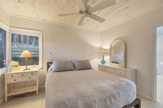 bedroom featuring light tile patterned floors, ornamental molding, wooden ceiling, and ceiling fan