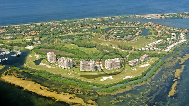 aerial view featuring a water view