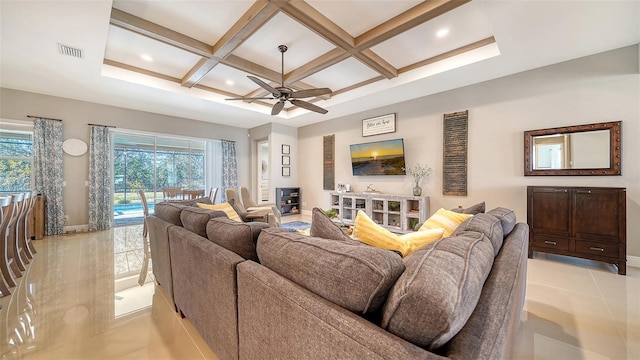 living room with ceiling fan, coffered ceiling, beam ceiling, and light tile patterned floors