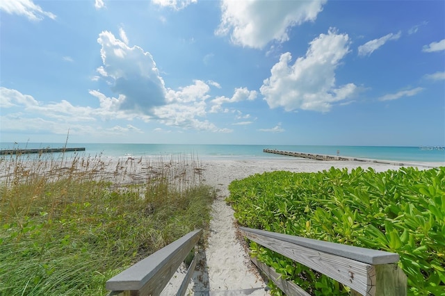 property view of water featuring a beach view