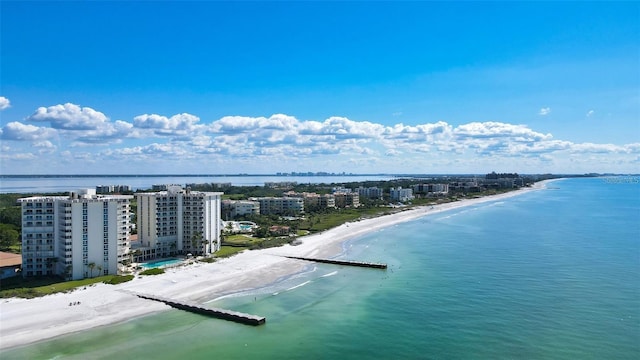 drone / aerial view featuring a water view and a view of the beach