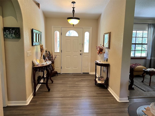 foyer entrance featuring dark hardwood / wood-style floors and a textured ceiling