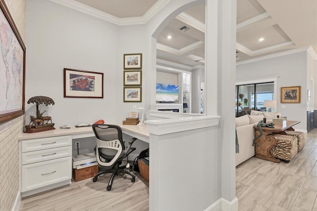 home office with light hardwood / wood-style flooring, crown molding, built in desk, and coffered ceiling