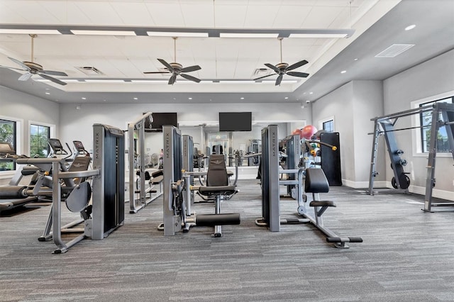 workout area with carpet flooring and ceiling fan