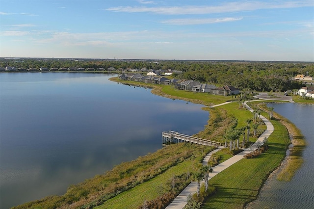 drone / aerial view with a water view