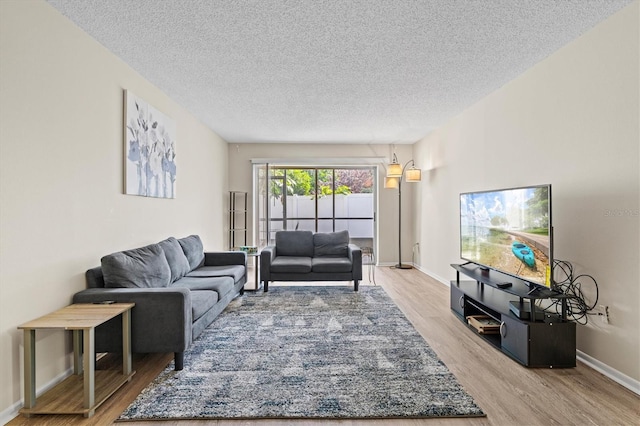 living room with hardwood / wood-style floors and a textured ceiling