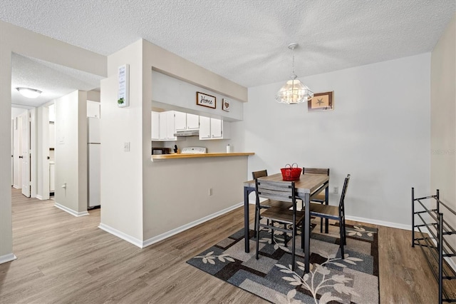 dining space with a textured ceiling and light hardwood / wood-style flooring