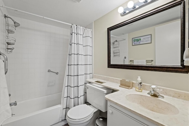 full bathroom with vanity, shower / bath combination with curtain, and toilet