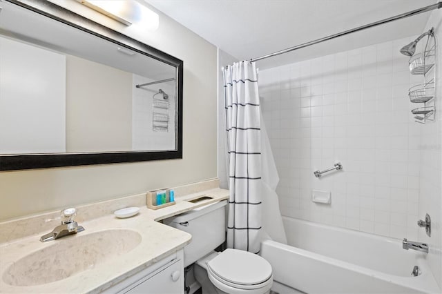 full bathroom with shower / tub combo, vanity, and toilet