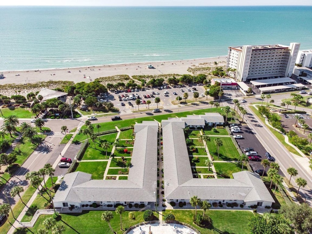 aerial view with a view of the beach and a water view