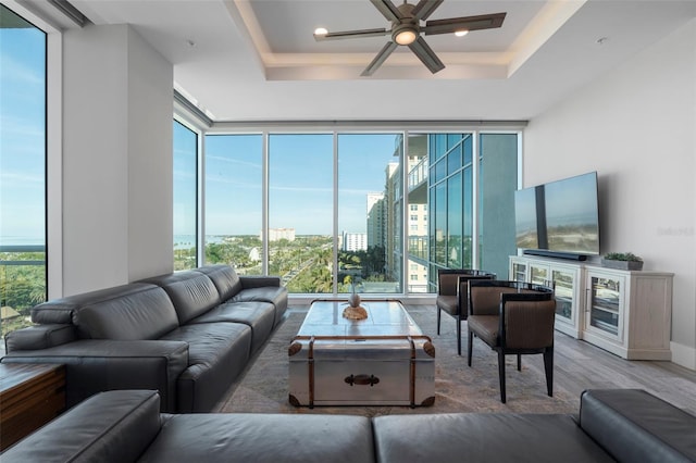 living room featuring hardwood / wood-style flooring, plenty of natural light, and a tray ceiling