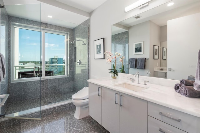 bathroom with vanity, a shower with door, and toilet