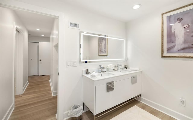 bathroom with vanity and wood-type flooring