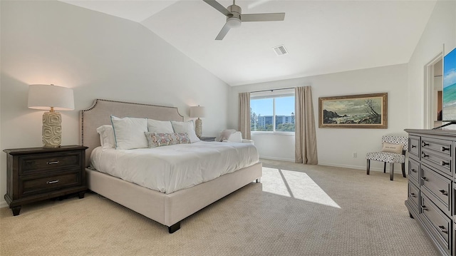 carpeted bedroom featuring ceiling fan and lofted ceiling