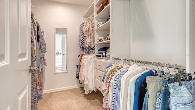 walk in closet featuring light colored carpet