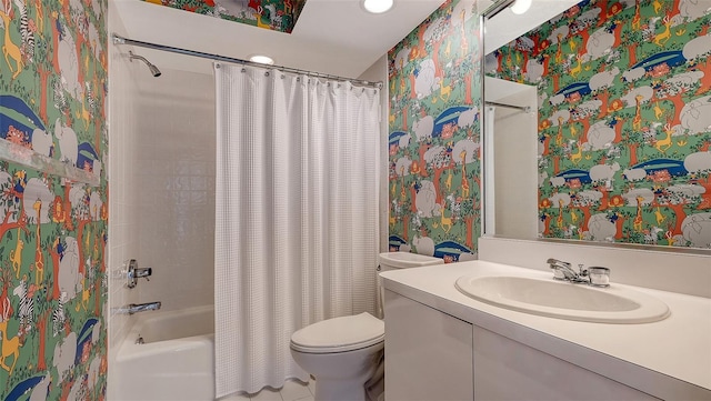 full bathroom with toilet, vanity, and shower / bath combo with shower curtain