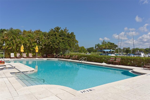 view of swimming pool featuring a patio area