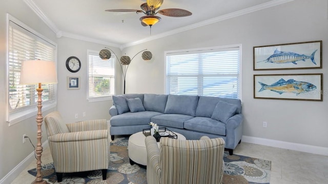 living room with ceiling fan, ornamental molding, lofted ceiling, and light tile patterned floors