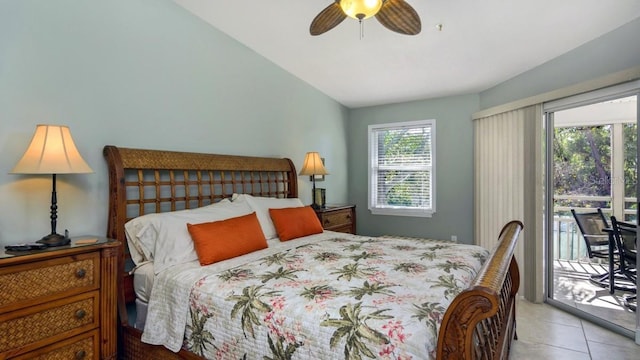 bedroom with ceiling fan, lofted ceiling, light tile patterned floors, and access to outside