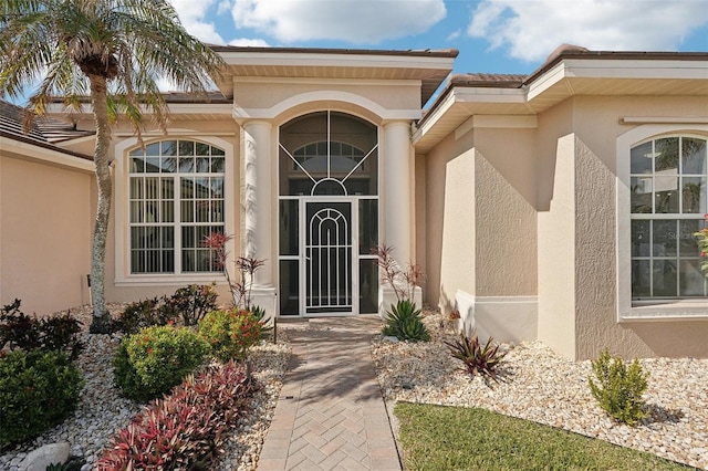 view of exterior entry featuring stucco siding