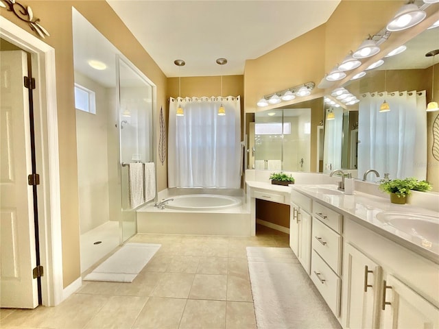 bathroom with vanity, separate shower and tub, and tile patterned flooring