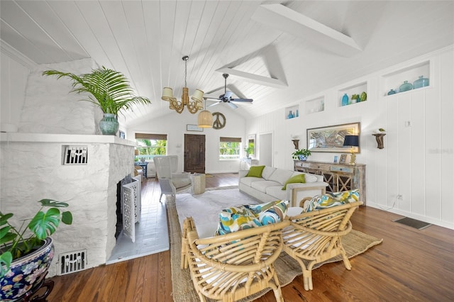 living room with dark wood-type flooring, wooden ceiling, ceiling fan, and vaulted ceiling