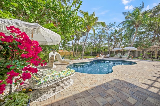 view of pool with a patio area and a water slide