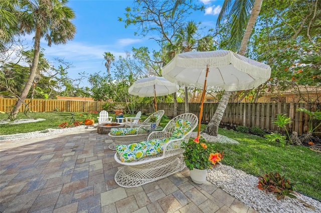 view of patio / terrace featuring an outdoor fire pit