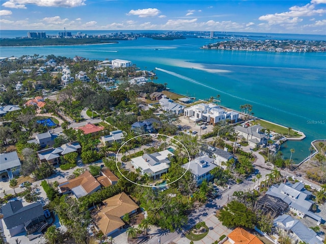 aerial view featuring a water view