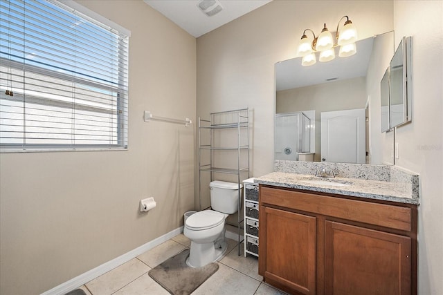 bathroom featuring an inviting chandelier, an enclosed shower, vanity, tile patterned floors, and toilet