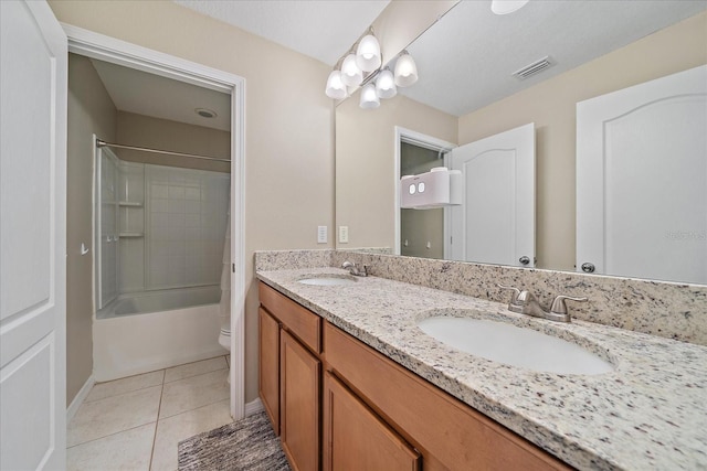 full bathroom with vanity, tub / shower combination, tile patterned floors, and toilet