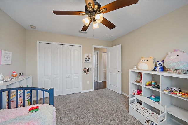 bedroom featuring a closet, ceiling fan, and carpet flooring