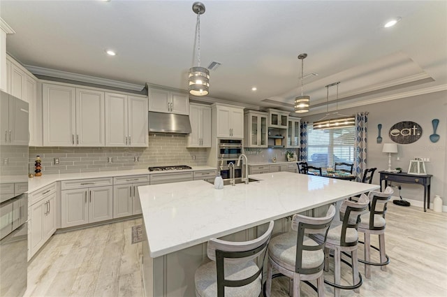 kitchen featuring hanging light fixtures, a kitchen island with sink, a tray ceiling, stainless steel appliances, and light stone countertops