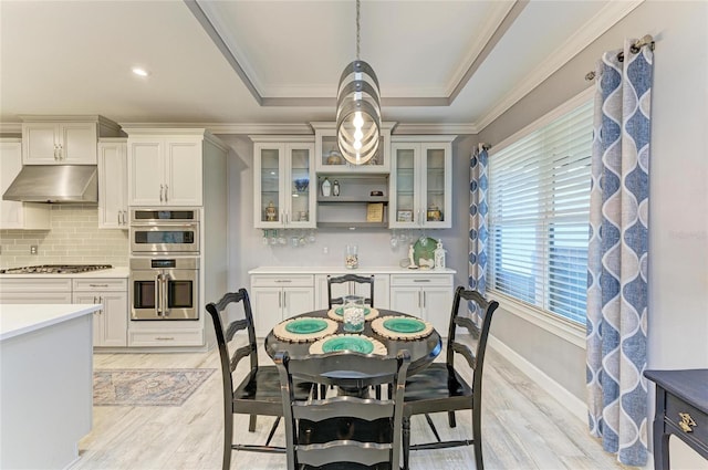 kitchen featuring decorative backsplash, appliances with stainless steel finishes, a tray ceiling, and hanging light fixtures